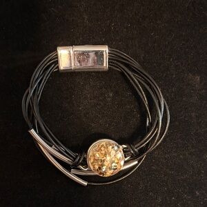 Silver Confetti Round Charm Multi-Strand Black Leather Bracelet